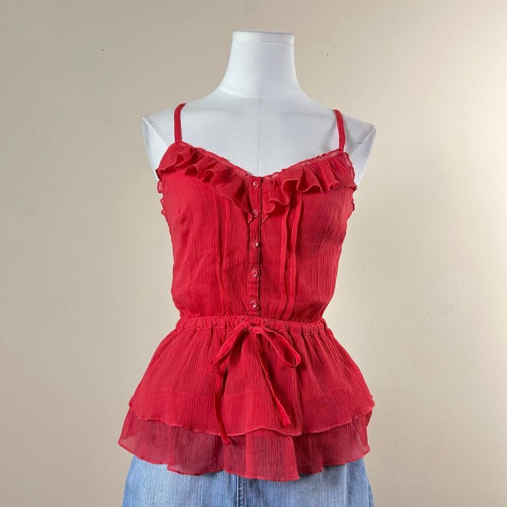 Forever 21 Y2K Red Waist Tie Babydoll Ruffle Top